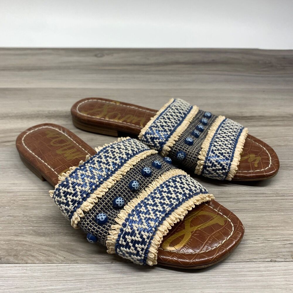 Womens Sam Edelman Brandon Slides Sandals Woven Beaded Fringe Blue Size 8.5 M